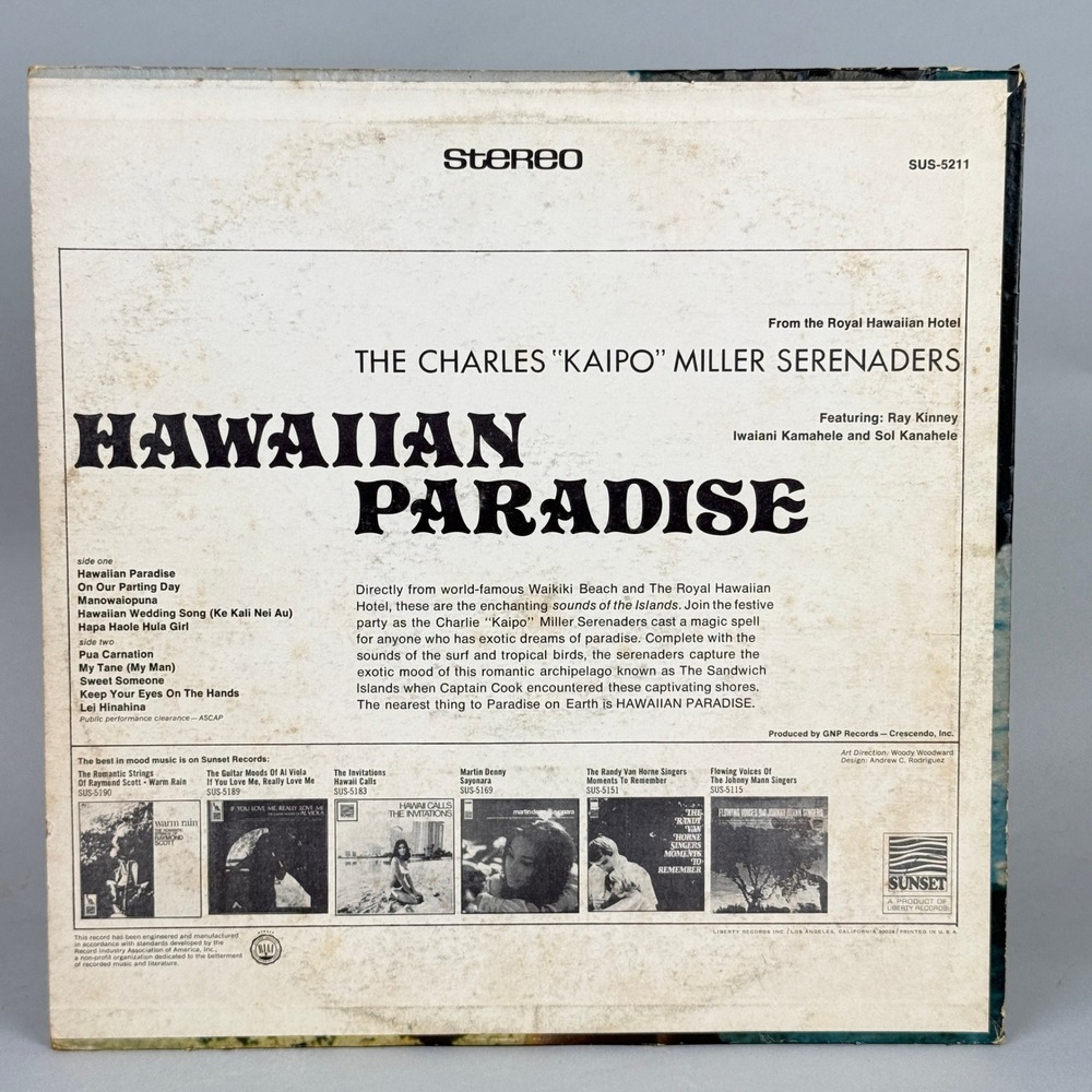 Sunset Hawaiian Paradise Vinyl LP Charles Kaipo Miller Serenaders Good Stereo - Picture 7 of 7